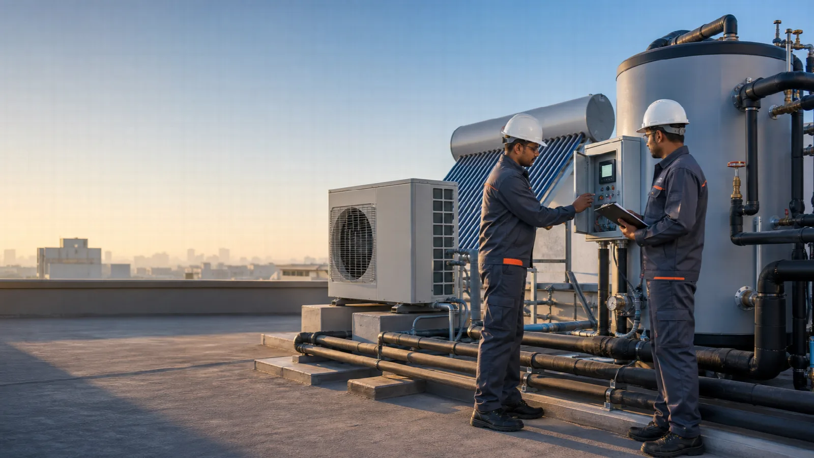Technicians commissioning a heat pump water heating system